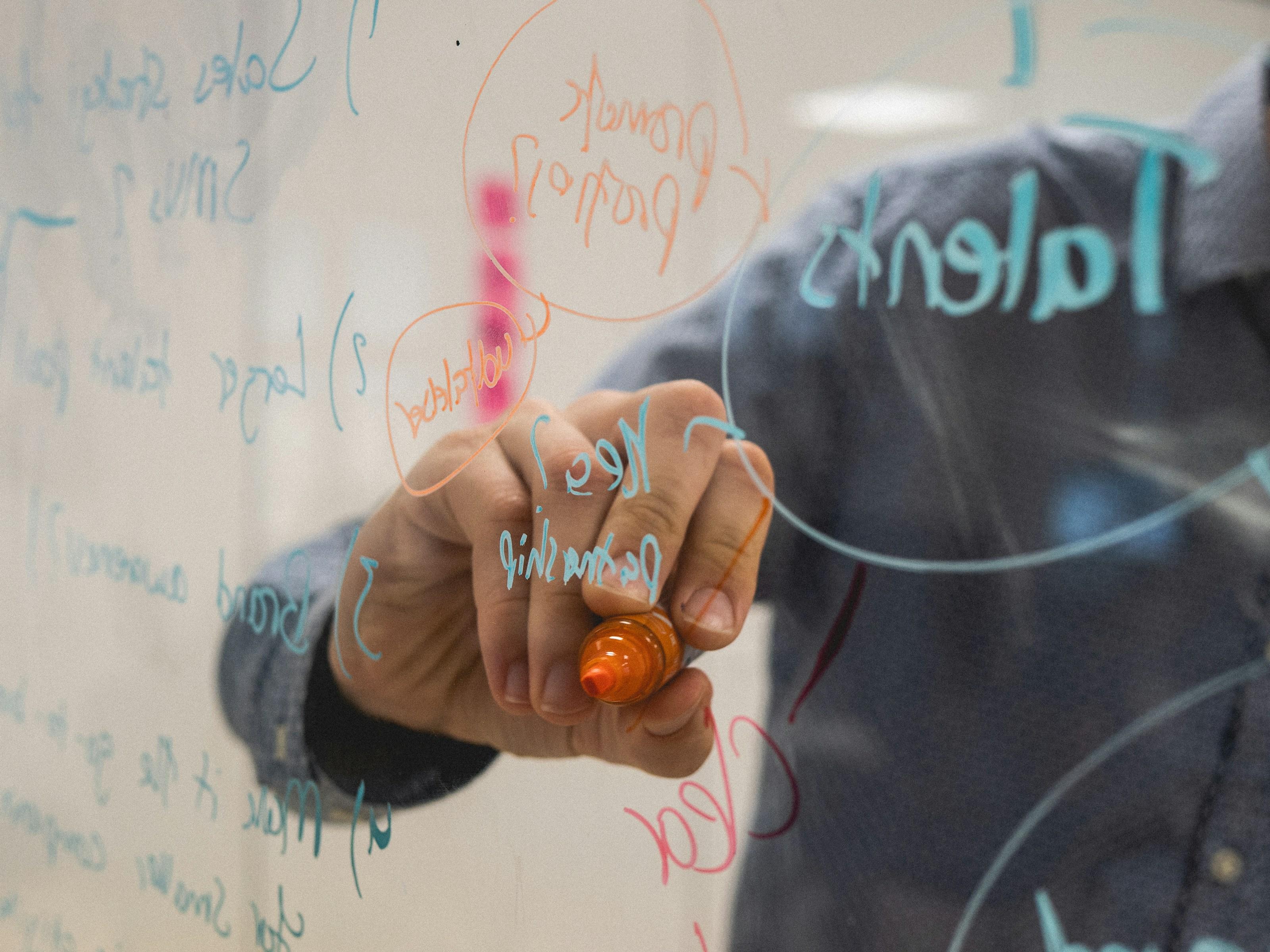 A hand sketching a plan on a glass whiteboard