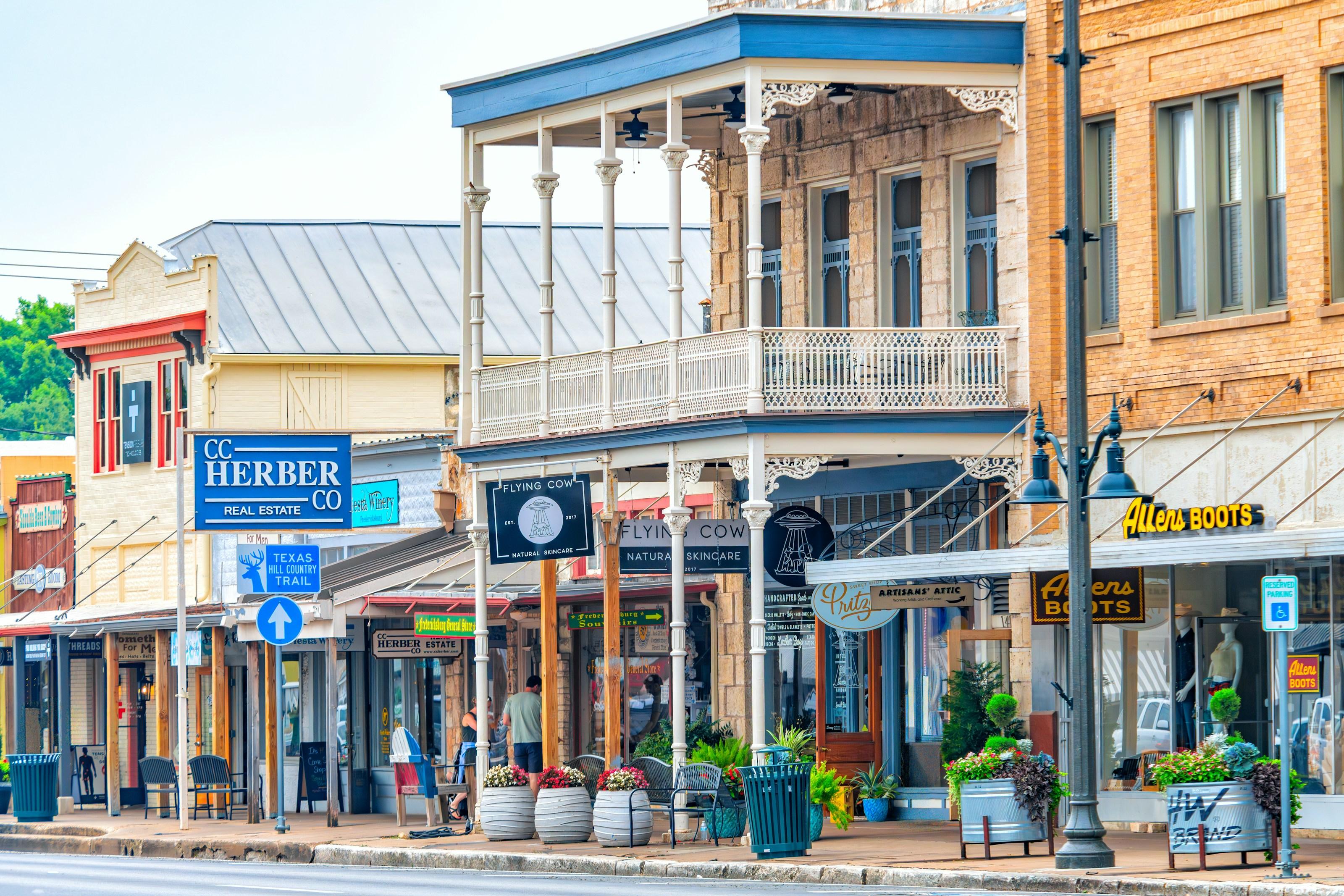 Historic storefronts along a small-town Texas main street